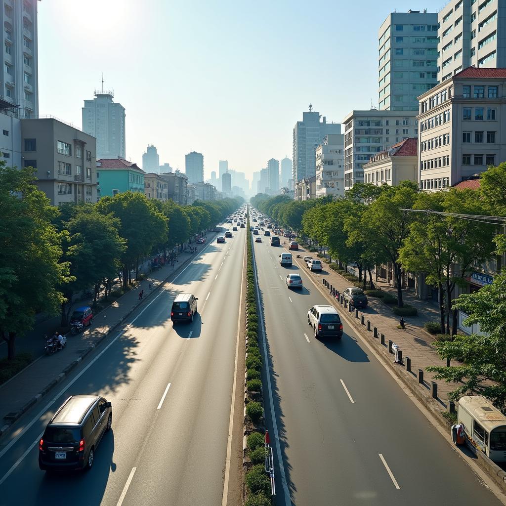 Một đoạn đường lớn tại Phường Phú Lương, Quận Hà Đông, Thành phố Hà Nội với phương tiện giao thông đang lưu thông